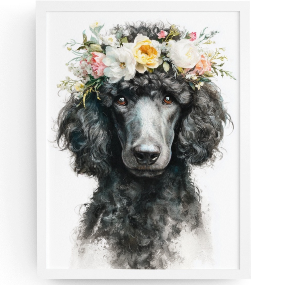Watercolor Black Poodle with Flowers Crown Portrait Wall Art Print - Unframed
